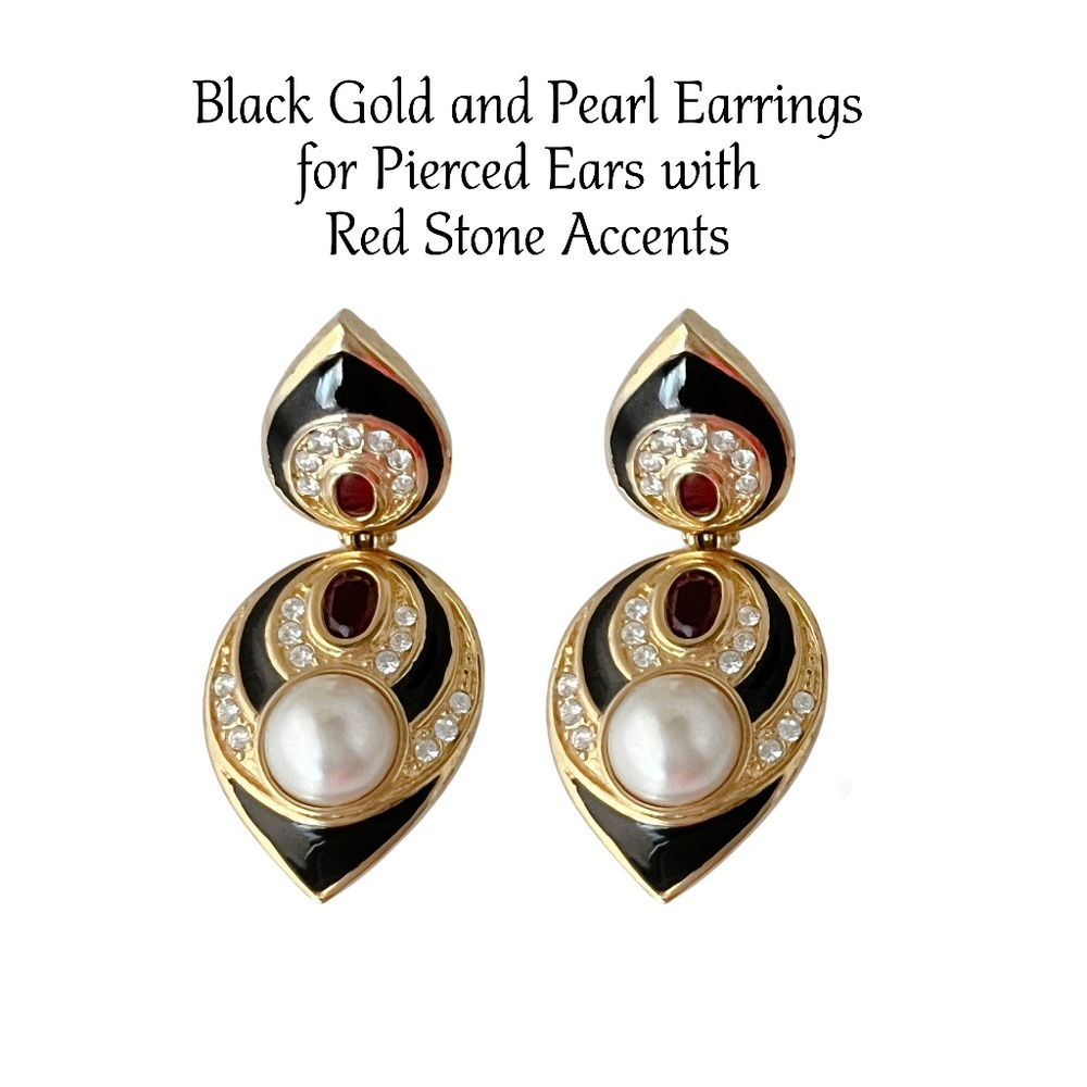 Black Enamel Pearl Gold Bling Earrings for Pierced Ears with Ruby Red Accents